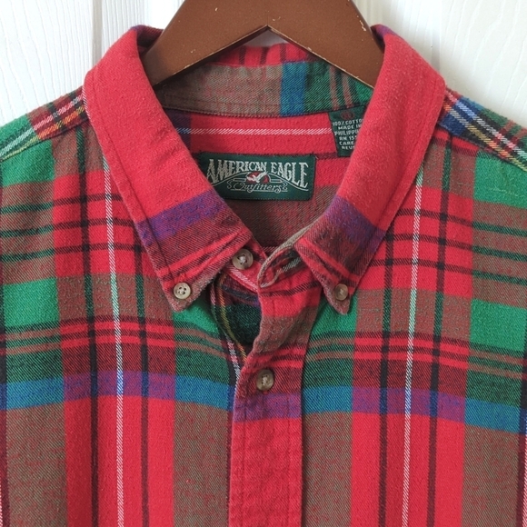 American Eagle 80's Vintage Plaid Flannel Long Sleeve Button Down Shirt Red XL - Picture 2 of 10